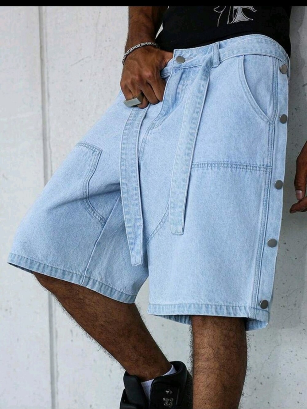 Light Wash Denim Men’s Shorts with Side Snap Detail